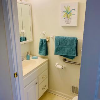 A small bathroom with teal towels and a wall decoration.