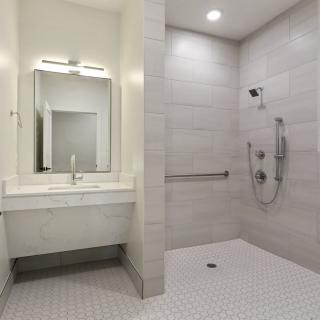 A modern, handicap-accessible bathroom with a tiled shower and sink area.