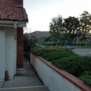 A view of a house with a sidewalk, surrounded by shrubbery and trees, with mountains in the background.
