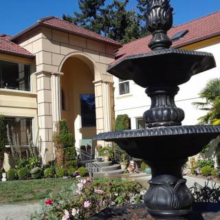 A beautiful house with a grand fountain in the front garden, set under a clear blue sky.