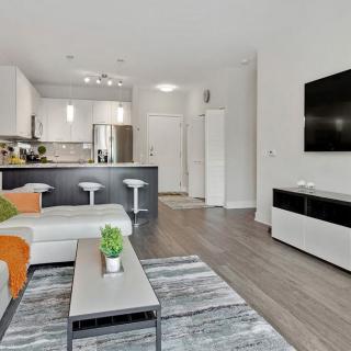 Contemporary open-concept living room and kitchen with modern furnishings and decor.
