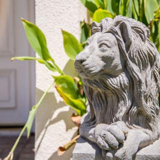 A stone lion statue placed outdoors, surrounded by plants.