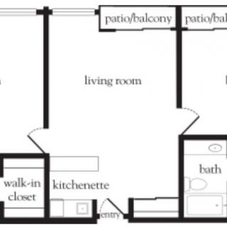 A floor plan of an apartment featuring a living room, kitchenette, walk-in closet, bathroom, and patio/balcony.