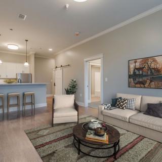 A modern open-concept living room with a cozy seating area and kitchen bar.