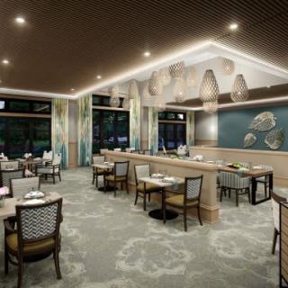 A modern restaurant interior with elegant decor and stylish lighting.