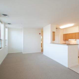 An empty open-concept living room and kitchen in an apartment, featuring ample natural light.