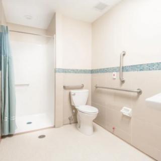 A clean, accessible bathroom with a shower and safety features.
