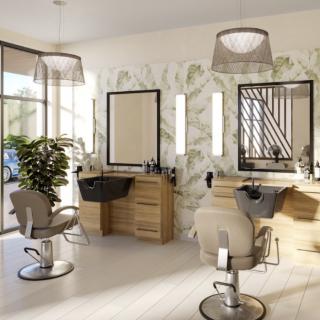 A stylish and modern hair salon interior featuring chic furniture and elegant lighting.