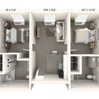 A two-bedroom apartment floor plan with a living area, kitchen, and bathroom.