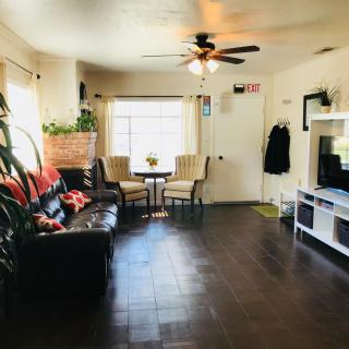 A cozy living room with modern furnishings, including a sofa, TV, plants, and a small dining area.