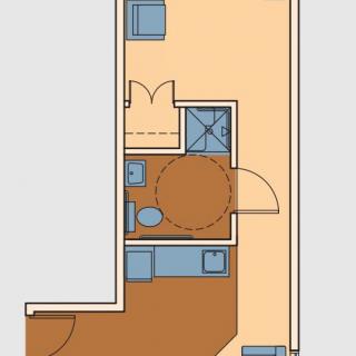 A compact floor plan layout of an apartment unit.