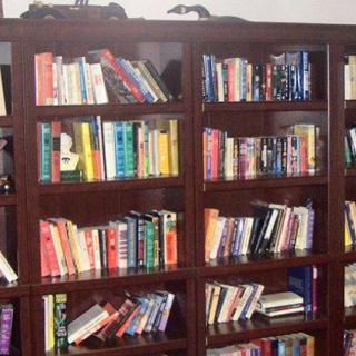 A wooden bookshelf filled with a variety of books.