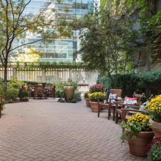 A tranquil urban patio garden with potted plants and seating arrangements.