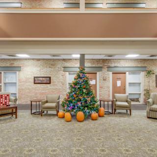 A lobby area featuring a decorated Christmas tree and pumpkins, surrounded by comfortable seating.
