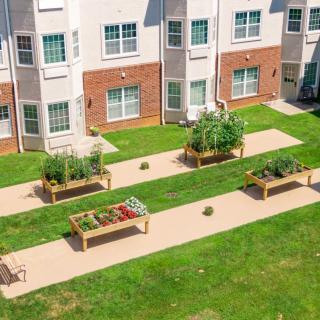A garden with raised beds filled with vegetables and plants in front of a building.