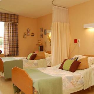 A cozy hospital room with two beds and a privacy curtain.