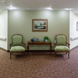 A hallway with two upholstered chairs, a table, decorative plants, and a framed artwork.