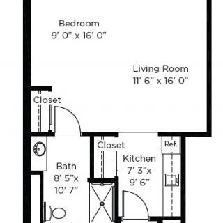 A 1-bedroom apartment floor plan with a living room, kitchen, bathroom, and closets.