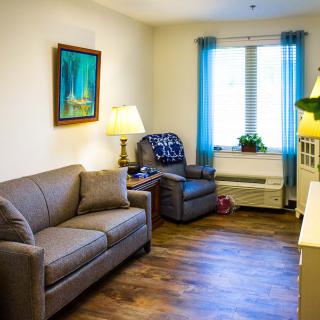 A cozy living room with a sofa, armchair, and a painting on the wall. It features a window with blue curtains, a lamp on the side table, and an indoor plant on the windowsill.