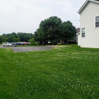 A peaceful view of a grassy area beside a residential building, featuring trees and a parking lot in the background.