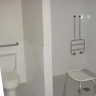 An accessible bathroom with a shower area equipped with grab bars and a stool, alongside a toilet.