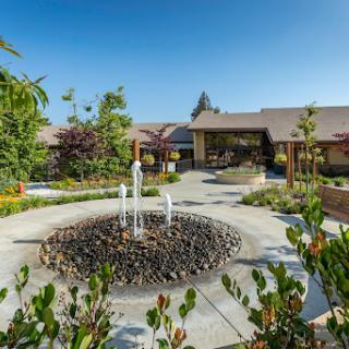 A serene garden featuring a central fountain, surrounded by lush greenery and elegant landscaping.