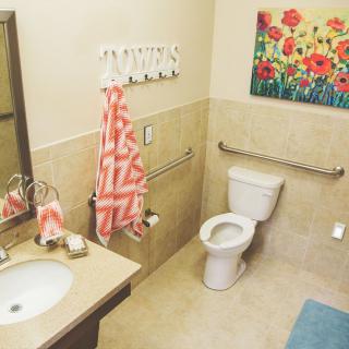 A well-organized, handicap-accessible bathroom featuring a sink, mirror, toilet, towel rack, and vibrant artwork.