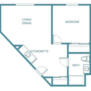 A simple floor plan of a one-bedroom apartment with a living/dining area, kitchenette, and bathroom.