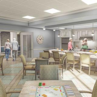A modern communal kitchen and dining area with people engaged in conversation and meal preparation.
