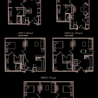 A collection of architectural floor plans for various apartment layouts.