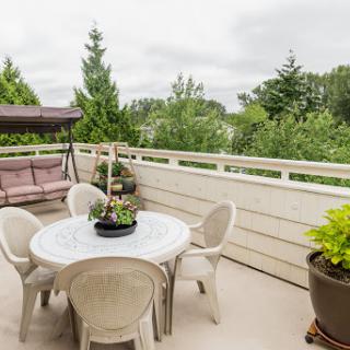 A serene outdoor patio area featuring a round table and chairs, surrounded by lush greenery.