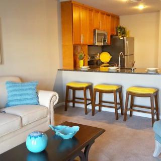 A cozy apartment living room with a sofa and a kitchen area featuring bar stools.