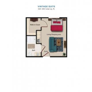 Floor plan of a one-bedroom apartment including a living room, kitchen, and bathroom.