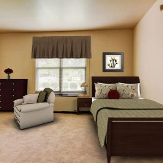 A cozy bedroom with a bed, armchair, dresser, and window.