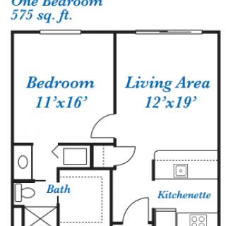 A floor plan for a one-bedroom apartment with a total area of 575 square feet, featuring a living area, bedroom, bath, and kitchenette.
