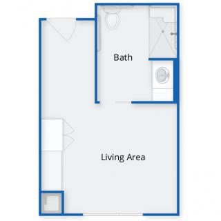 A simple studio apartment floor plan with a living area and bathroom.