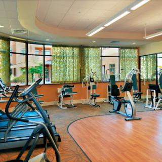 A well-lit gym with modern exercise equipment including treadmills and stationary bikes.