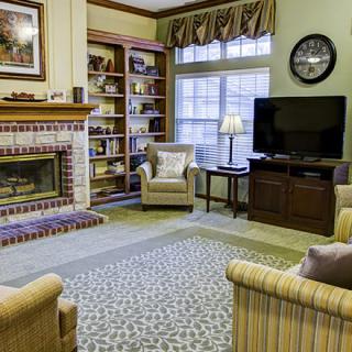 A cozy living room with a fireplace, bookshelves, and a television.