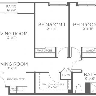 A floor plan of a two-bedroom apartment with a living room, dining room, kitchen, bathroom, and patio.