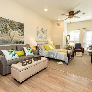 A modern and cozy combined bedroom and living area, featuring a comfortable sofa and bed with vibrant decor.