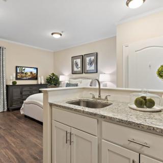 A modern bedroom with a kitchenette area, featuring stylish decor and wood flooring.