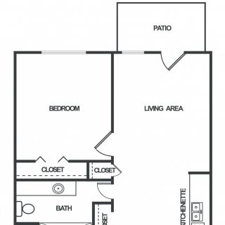 A floor plan of a one-bedroom apartment featuring a living area, kitchenette, bathroom, closet, and patio.