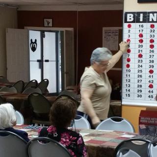 A group of seniors playing bingo at a community center.