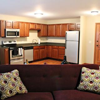 A cozy, modern kitchen and living room setup featuring wooden cabinets, stainless steel appliances, and a comfortable sofa.