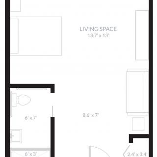 A floor plan of a living space with dimensions and room layout.
