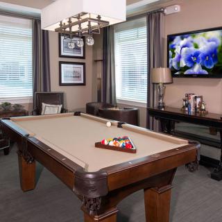 A modern billiards room featuring a well-maintained pool table, stylish decor, and a wall-mounted television.