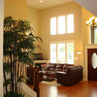 A spacious living room with modern decor, featuring a leather sofa and high ceilings.