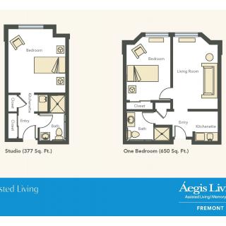 Floor plans for studio and one-bedroom apartments at an assisted living facility.