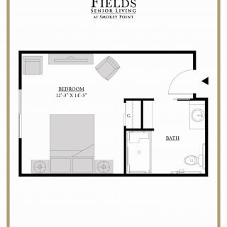 A floor plan illustrating a bedroom layout with attached bathroom.