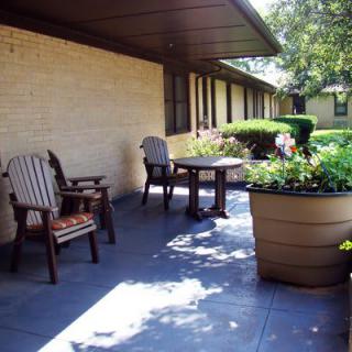 A sunny outdoor patio with chairs and a table surrounded by planters and greenery.